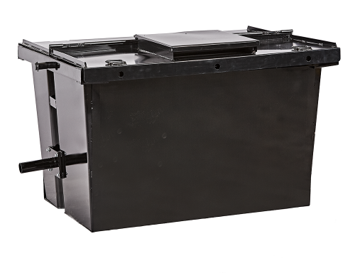 300 Gallon Bin with Folding Lid Installed steel folding lid, theft deterrent grease lid, grease bin lid, grease dumpster lid, lockable lid