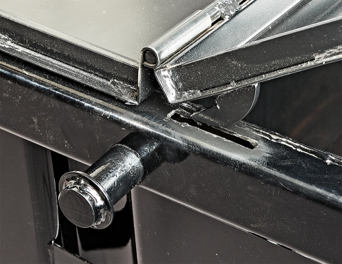 Center Lock Hook steel folding lid, theft deterrent grease lid, grease bin lid, grease dumpster lid, lockable lid, locking tab